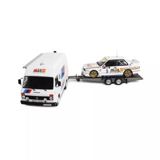 Pack BMW M3 Gr.A Rally + Volkswagen LT Assistance + Autotransportanhänger Rallye 1000 Lakes 1988 Ari Vatanen /  Bruno Berglund  OttO mobile 1:18 Resinemodell (Türen, Motorhaube... nicht zu öffnen!)